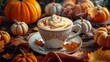 Autumn Pumpkin Spice Latte with Whipped Cream on Rustic Wooden Table.