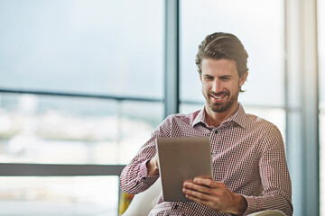 Poster - Businessman, internet and office work on tablet for reviews, business news and information of tasks or project management. Man, entrepreneur and online for browsing, research and company site.
