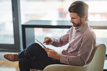 Aufkleber - Businessman, internet and office work on tablet for investment, review and workflow of tasks or project management. Man, entrepreneur and online for efficiency, research and business finances.
