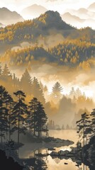 Wall Mural - Misty Autumn Sunrise Over Tranquil Lake and Lush Forest.