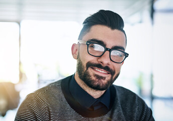 Poster - Happy, glasses and portrait of businessman in office with company pride, confidence and smile in startup. Creative agency, professional worker and face of person for career, work and job opportunity