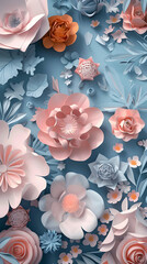 Wall Mural - A blue background with a bunch of flowers in pink and orange. The flowers are arranged in a way that they look like they are blooming. Scene is cheerful and vibrant