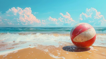 summer beach fun, vibrant beach ball on sandy shore, summer clipart illustration with space for text