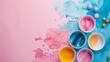 Create an abstract painting using blue, pink and yellow paint