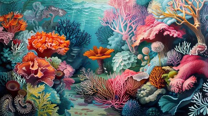 Wall Mural - A colorful underwater scene with many different types of sea creatures