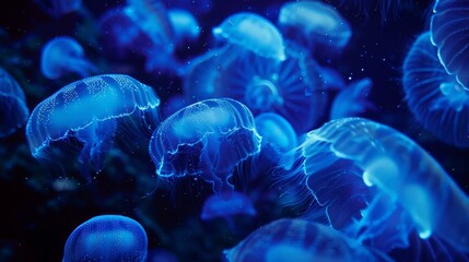 Wall Mural - A group of blue jellyfish are floating in the water