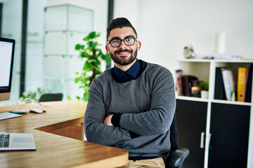 Aufkleber - happy, crossed arms and portrait of businessman at desk with company pride, confidence and smile in 