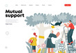 Mutual Support: Rescue cat from tree -modern flat vector concept illustration of elderly woman and man on a ladder under the tree Metaphor of voluntary, collaborative exchanges of resource, services
