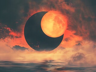 Poster - Striking solar eclipse over serene ocean symbolizing the temporary nature of non renewable energy
