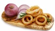 Crispy onion rings with fresh slices on a wooden board