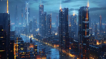 Poster - Illuminated Skyline of a Futuristic Metropolis Powered by Renewable Energy Sources