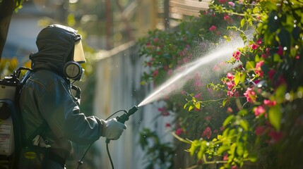 Pesticide applicator using a spray to apply pest control chemicals made with Ai generative technology
