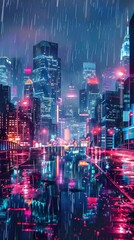 Poster - Futuristic City Skyline Glowing with Renewable Energy Powered Streetlights under Rainy Night
