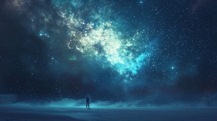 Wall Mural - A person is standing on a mountain looking up at the stars