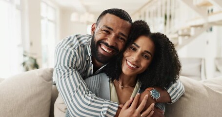 Poster - Face, relax and couple with hug on sofa for romantic bonding, commitment and support in marriage. Man, woman and love with embrace in living room for security, happiness and trust in loyalty at home