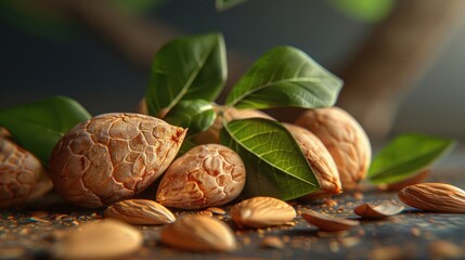 Wall Mural - Almonds shelled almonds and leaves realistic