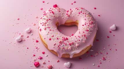 Sticker - Picture a charming 3D rendering of a donut adorned with pastel colored icing in the shape of a heart a perfect image for Valentine s Day greeting cards and party posters