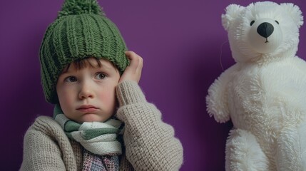 Canvas Print - A young boy in a green hat deeply worried cuddles his beloved polar bear toy while scratching his head thoughtfully against a purple backdrop to symbolize the International Polar Bear Day