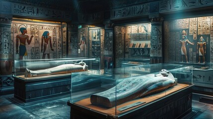 Wall Mural - ancient history museum, Egyptian mummies in glass cases, moodily lit, intricate hieroglyphs on walls realistic