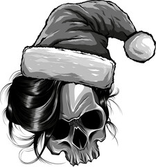 Canvas Print - monochrome outline drawing of a horror santa claus skull with hat pompom.