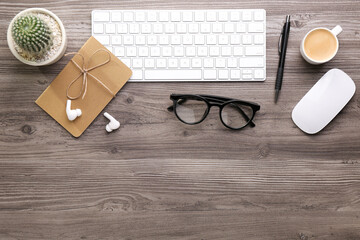 Poster - Flat lay composition with different office stationery on wooden table, space for text