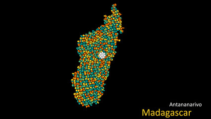 Wall Mural - A map of Madagascar is presented as a mosaic with a dark background, and the country's borders are outlined in the shape of a colorful mosaic, centered around the capital city.