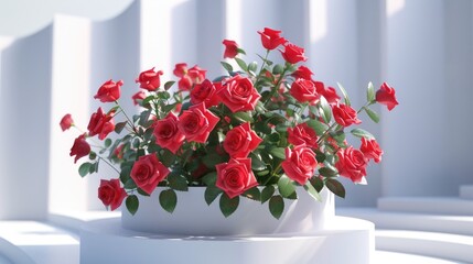Poster - A 3D rendered geometric scene showcases a vibrant bouquet of fresh red roses against a white podium backdrop