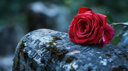 Wall Mural - a vibrant red rose delicately placed on a tombstone symbolizes the profound connection between love 
