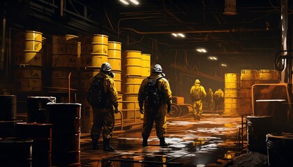 Wall Mural - Industrial scene with workers in protective suits and helmets handling bright yellow barrels labeled as radioactive, in a dimly lit warehouse.