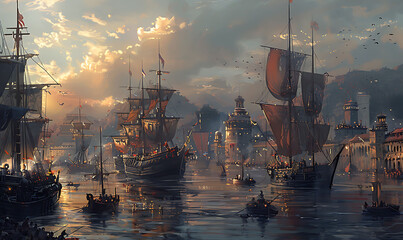 Poster - Illustration of a busy harbor with ships coming and going