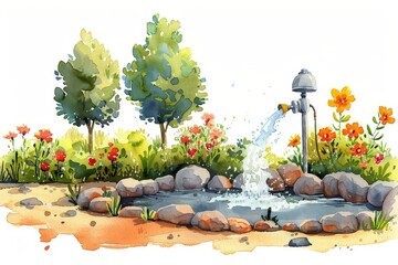 Data-driven irrigation for efficient water use, in watercolor, isolated background.