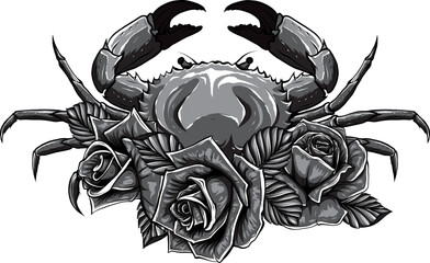 Wall Mural - vector illustration of monochrome crab with roses