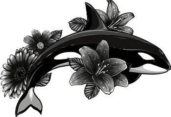 Monochrome killer whale with flower vector illustration