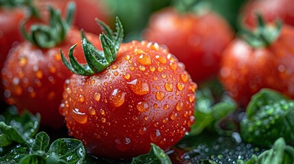 Wall Mural - Close-up view of fresh, ripe tomatoes with dew drops, showcasing vibrant colors and textures in natural light