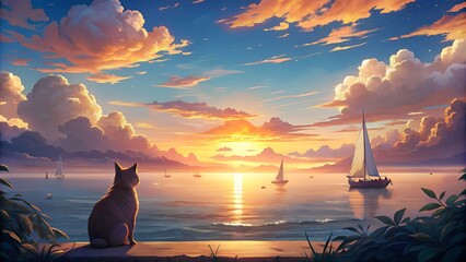 a painting of a cat and the sunset on the water.