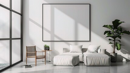 Wall Mural - minimalist gallery-inspired setting, a sleek metal frame hangs on a pristine white wall
