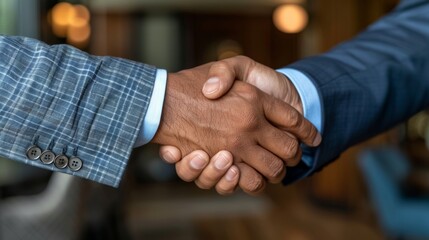 Two businessmen in suits engage in a firm handshake, symbolizing a successful partnership agreement in a modern office setting