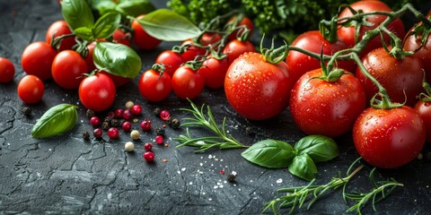 A vibrant display of fresh tomatoes with basil leaves and scattered spices on a dark textured background, highlighting a natural and appetizing arrangement