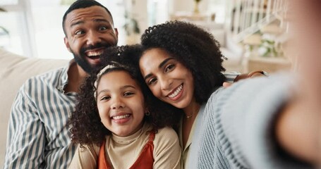 Poster - Family, happy and funny face with selfie on sofa in new home or house for memory to post on social media, internet and bonding. Mother, father and girl child in living room on couch to relax with pov