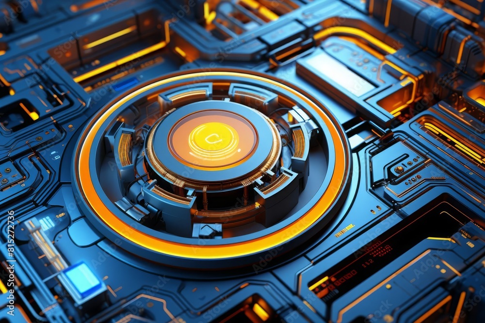 Render a close up of a futuristic glowing circuit board with a central ...