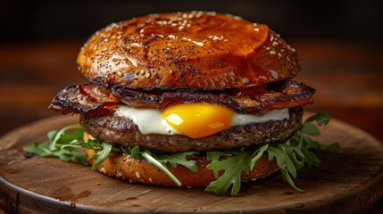 Delicious gourmet burger with a perfectly cooked patty, crispy bacon, fresh arugula, and a sunny side up egg on a toasted sesame seed bun