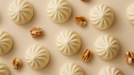 Wall Mural - A top down view captures a delightful arrangement of artisanal nut filled white chocolates on a chic beige backdrop