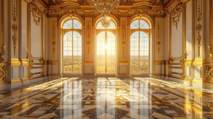Sticker - golden ballroom with a large window, large floor in gold palace. Neoclassical style, lavish rococo baroque setting. Ballroom background, palace of versailles, detailed classical architecture