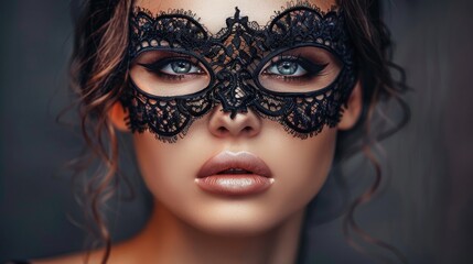 Wall Mural - Beautiful Woman with Black Lace mask over her Eyes realistic