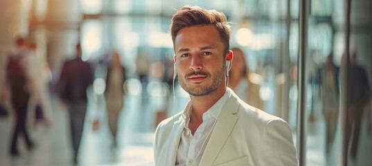Wall Mural - Handsome man in a white suit with earphones standing against a blurred background of office 