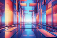 An Abstract Futuristic 3D Rendering Of A Glass Tunnel With Blue And Orange Lighting.