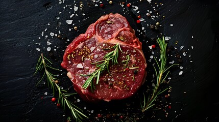 Wall Mural - Meat steak. Beef steak dry aged with spices on black background. Top view.