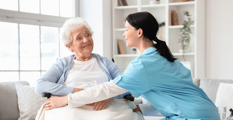 Poster - Female nurse caring about senior woman in wheelchair at home