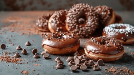 Canvas Print - Celebrate the classic Donut Day with a mouthwatering selection of assorted donuts featuring rich chocolate glaze set against a cool concrete backdrop