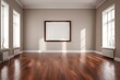  An expansive room with polished wood flooring housing a large empty picture frame for decoration design. 